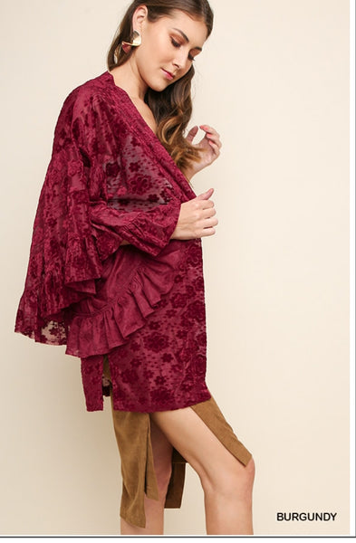 Red Velvet Ruffle Sleeve Kimono