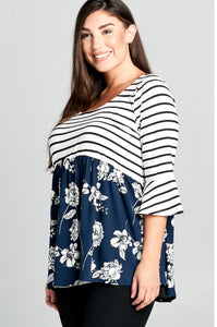 Navy PLUS Floral and Striped Peplum