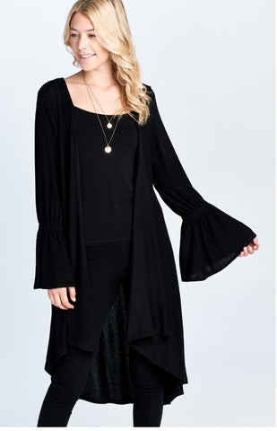 Black Oversize Cardigan with Asymmetrical Hem and Cinched Wrist Bell Sleeve Detail