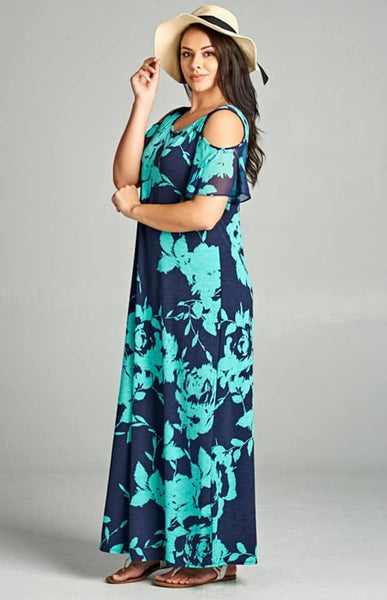 Aqua Floral Cold Shoulder