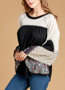 Mixed Pattern Tiered Sleeve Neutral Tone Top