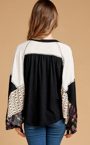 Mixed Pattern Tiered Sleeve Neutral Tone Top