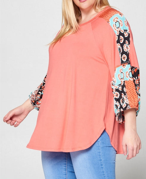 Coral Balloon Sleeve Tunic Top