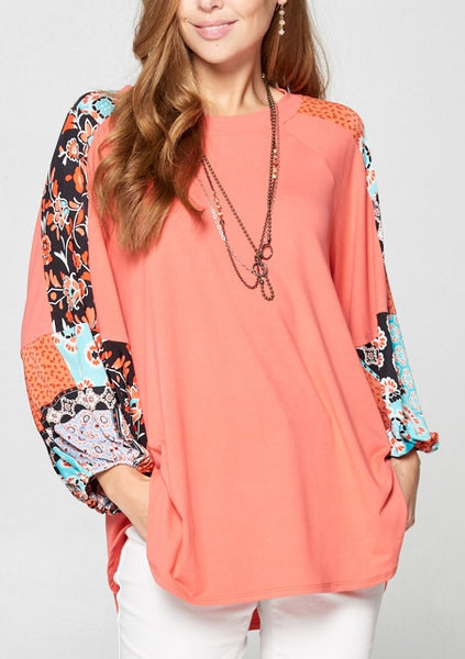 Coral Balloon Sleeve Tunic Top