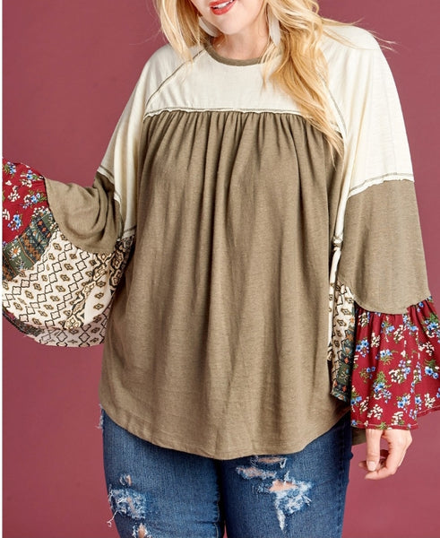 Mixed Pattern Tiered Sleeve Neutral Tone Top