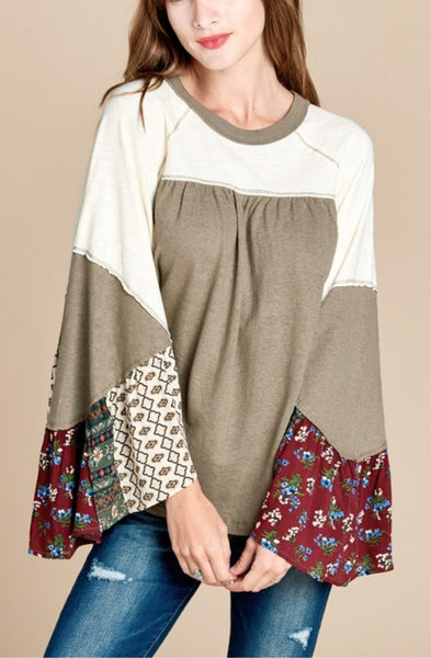 Mixed Pattern Tiered Sleeve Neutral Tone Top