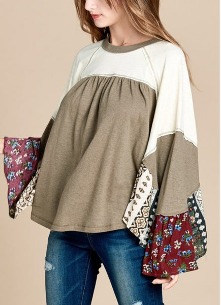 Mixed Pattern Tiered Sleeve Neutral Tone Top